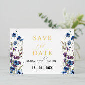 ダスティー王室のブルーパープル開花フローラ保存日付 箔招待状 (立ち正面)