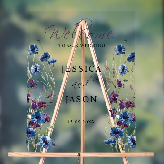 ダスティー王室のブルーパープル開花結婚ズ・ウェルカム アクリルサイン (ニュートラル)