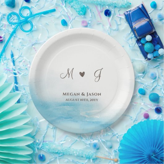 ダスティー素朴ブルーカモノグラムのスタムウェディング ペーパープレート (パーティー)