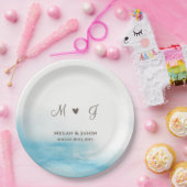 ダスティー素朴ブルーカモノグラムのスタムウェディング ペーパープレート (パーティー)