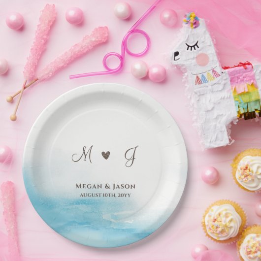 ダスティー素朴ブルーカモノグラムのスタムウェディング ペーパープレート (パーティー)