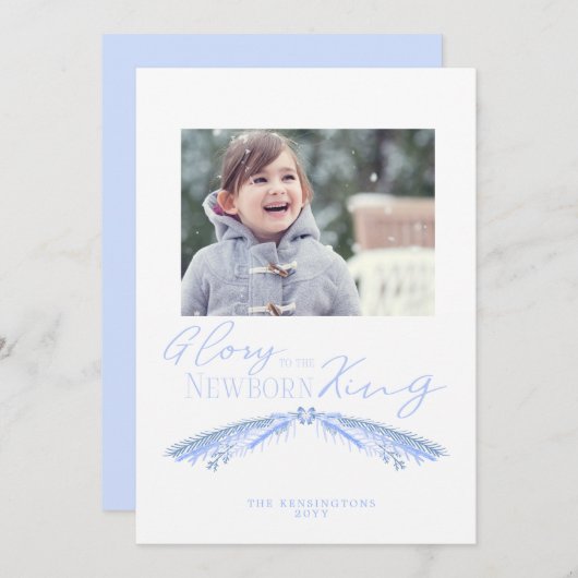 ダスティー素朴ブルークリスマスパインホリデーフォト シーズンカード (正面/裏面)