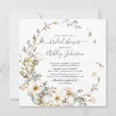 ダスティー素朴ブルークリームフローラブライダルシャワー 招待状 (正面)