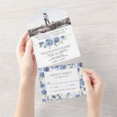 ダスティー素朴ブルーグレーフローラ写真結婚の オールインワン招待状 (貼ってはがせる)