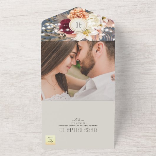 ダスティー素朴ブルーストリングライトフローラの結婚数 オールインワン招待状 (外側)