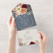 ダスティー素朴ブルーストリングライトフローラの結婚数 オールインワン招待状 (貼ってはがせる)