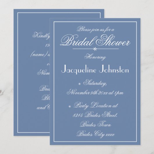 ダスティー素朴ブルーネームシックなスクリプトブライダルシャワー 招待状 (正面/裏面)