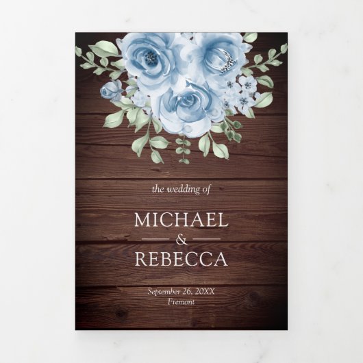 ダスティー素朴ブルーバラフォトバーンウッド結婚ズ 三つ折り招待状 (カバー)