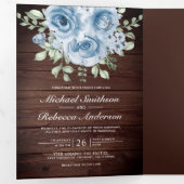 ダスティー素朴ブルーバラフォトバーンウッド結婚ズ 三つ折り招待状 (内部最初)