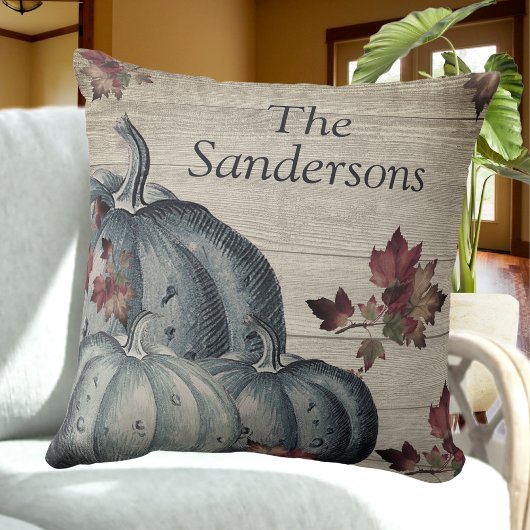 ダスティー素朴ブルーパンプキン紅葉ウッドスローP クッション