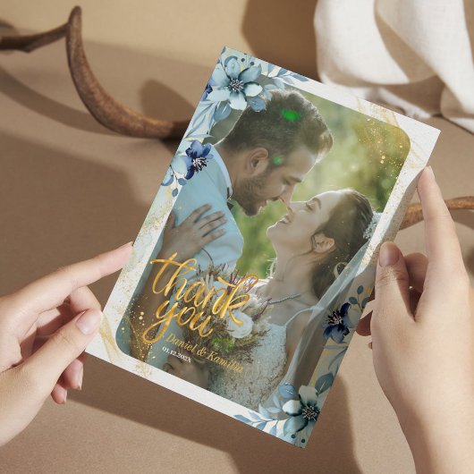 ダスティー素朴ブルーフローラサンキューカード – 写真 サンキューカード