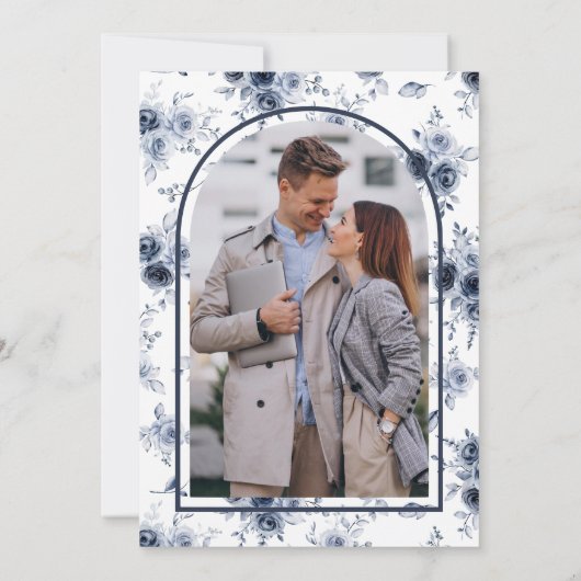 ダスティー素朴ブルーフローラフォトブライダルシャワー 招待状 (裏面)