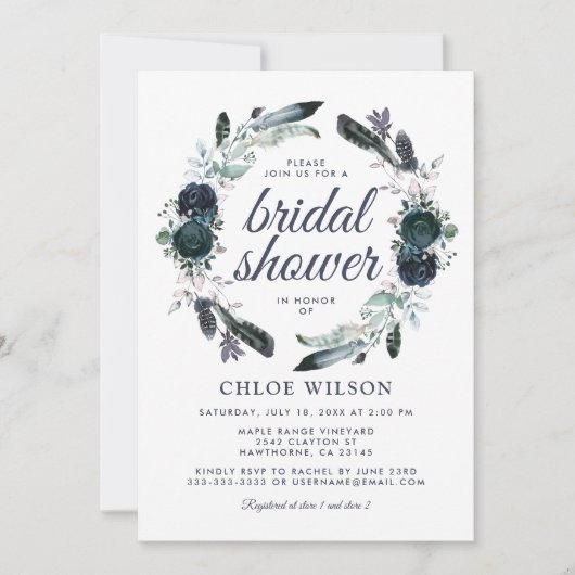 ダスティー素朴ブルーフローラブライダルシャワー 招待状 (正面)