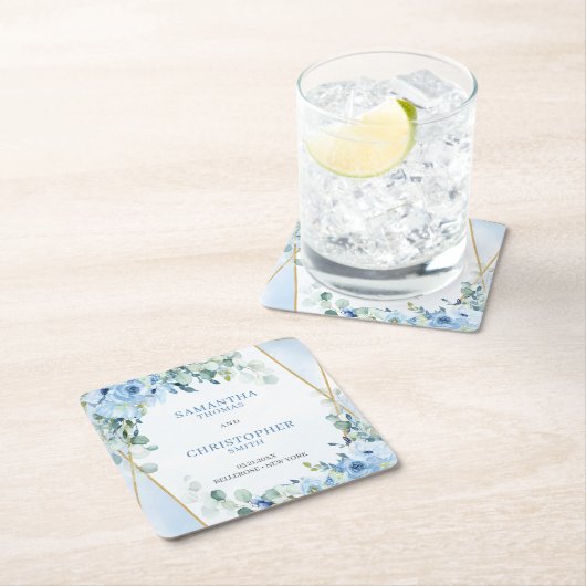 ダスティー素朴ブルーフローラユーカリ金ゴールドコースター スクエアペーパーコースター (インサイチュ)