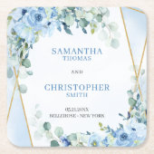 ダスティー素朴ブルーフローラユーカリ金ゴールドコースター スクエアペーパーコースター (正面)