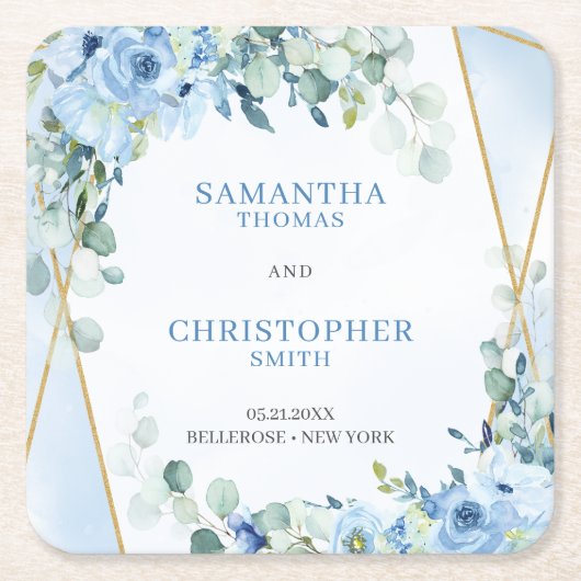 ダスティー素朴ブルーフローラユーカリ金ゴールドコースター スクエアペーパーコースター (正面)