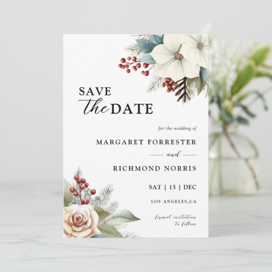 ダスティー素朴ブルーフローラ冬の結婚式 招待状 (スタンド正面)