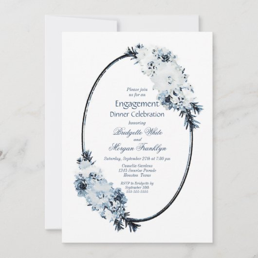 ダスティー素朴ブルーフローラ婚約ディナーパーティー 招待状 (正面)