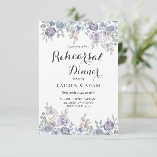 ダスティー素朴ブルーフローラ結婚のリハーサル 招待状 (スタンド正面)