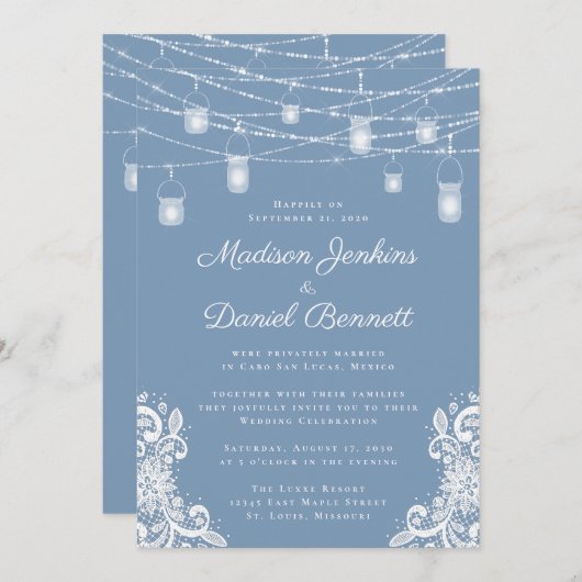 ダスティー素朴ブルーライト結婚ズお祝い 招待状 (正面/裏面)