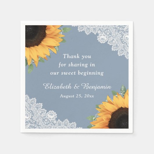 ダスティー素朴ブルーレースひまわりフローラ結婚ズ スタンダードカクテルナプキン (正面)