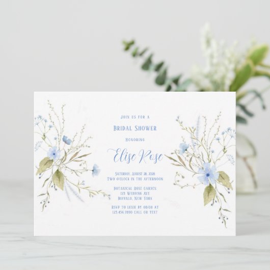 ダスティー素朴ブルーワイルドフラワーズブライダルシャワー 招待状 (スタンド正面)