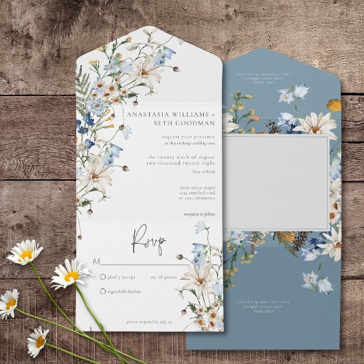 ダスティー素朴ブルーワイルドフラワーズ&デイジーNo Dinner オールインワン招待状