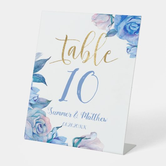 ダスティー素朴ブルー金ゴールド結婚バラのテーブル番号 台座サイン (正面)