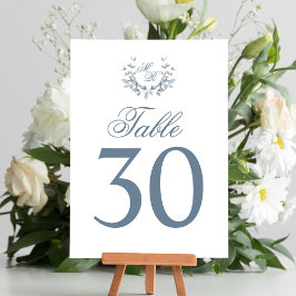 ダスティー結婚ブルーのテーブルナンバーモノグラムモチーフ テーブルナンバー