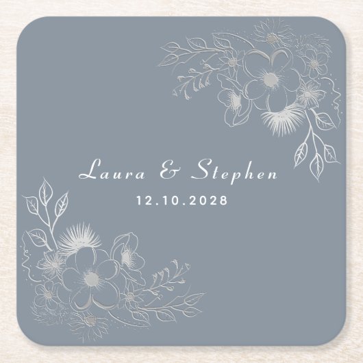 ダスティー結婚ブルーのドリンクコースター スクエアペーパーコースター (正面)