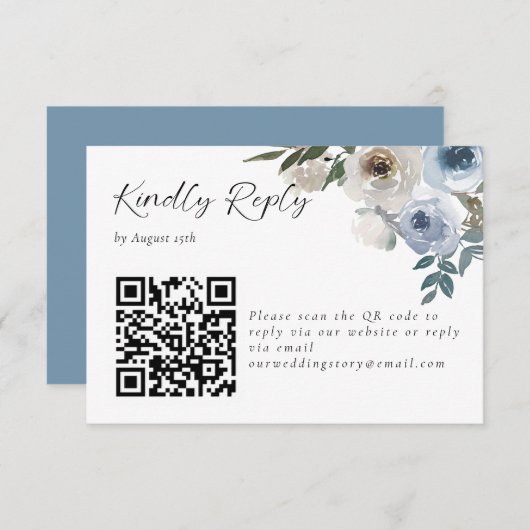 ダスティー結婚ブルーのフローラ親切に返信QRコード 出欠カード (正面/裏面)