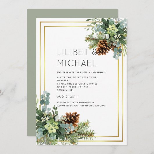 ダスティー結婚ブルーのユーカリの緑の予算 招待状 (正面/裏面)