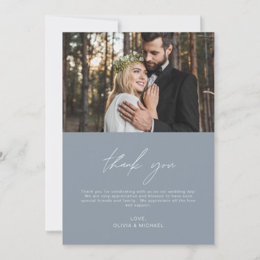 ダスティー結婚ブルーの手書き感謝2枚の写真 サンキューカード (裏面)