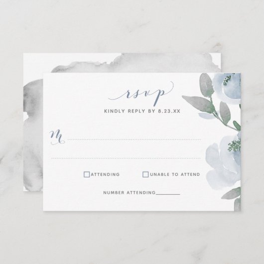 ダスティー結婚ブルーの水彩柔らかいフローラ 出欠カード (正面/裏面)