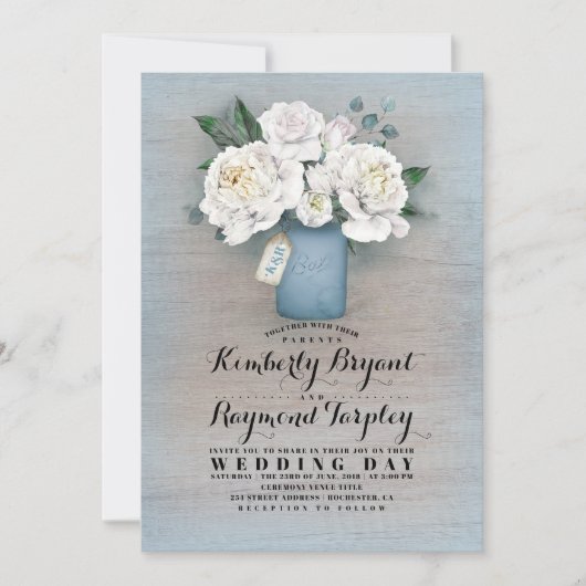 ダスティー絵を描ブルーメイスンジャー素朴フローラ結婚ズ 招待状 (正面)