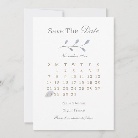 ダスティー葉ブルーのミニマリストは日付結婚を保存 招待状 (正面)