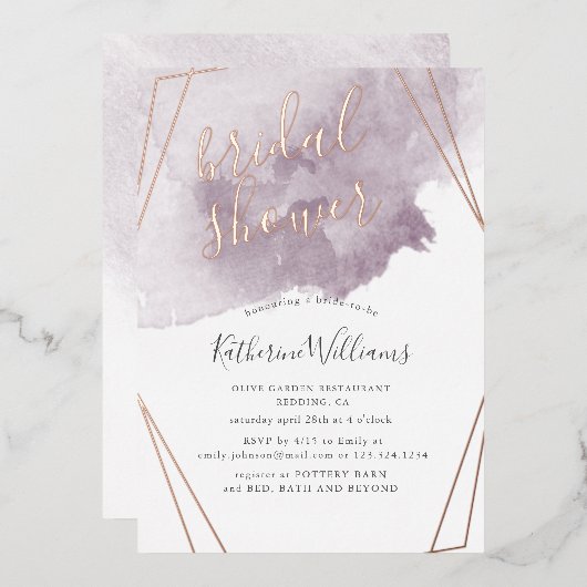 ダスティー金ゴールドとマウヴブライダルシャワー 箔招待状 (正面/裏面)