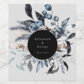 ダスティー霜の降りたブルーウィンターフローラモノグラム結婚ズ ワインラベル (シングルラベル)