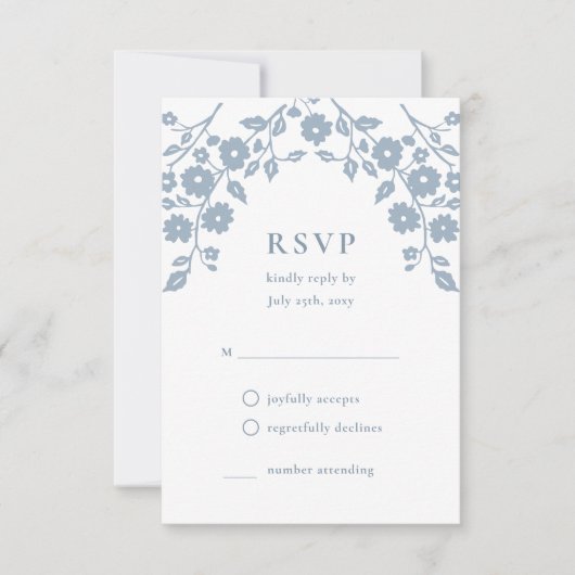 ダスティー魅力的ブルーフォーク花シンプルフローラ 出欠カード (正面)