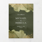 ダスティー・セージ・グリーン・ゴールド・アブストラクト・インク・QRコード・ウェディング 三つ折り招待状 (カバー)