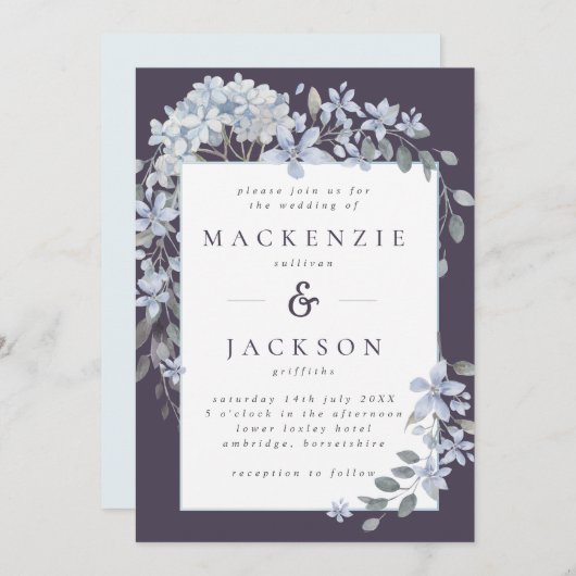 ダスティー＆ネイビーブルーの花枠の水彩ウェディング 招待状 (正面/裏面)