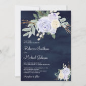 ダスティー パステル パープル フローラル オールインワン ネイビー ウェディング 招待状 (正面)