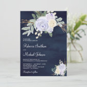 ダスティー パステル パープル フローラル オールインワン ネイビー ウェディング 招待状 (スタンド正面)