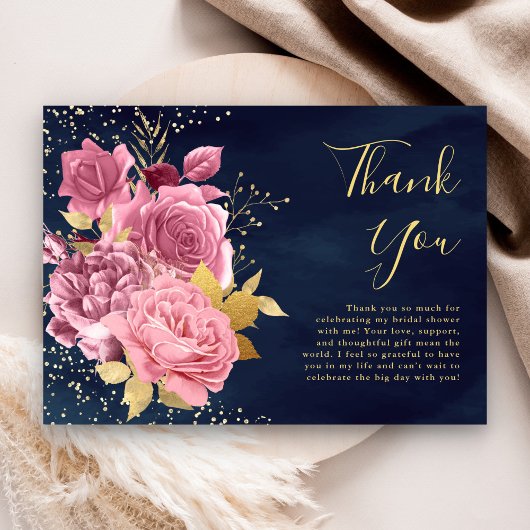 ダスティー マウブ ピンク フローラル ネイビーブルー ブライダルシャワー サンキューカード