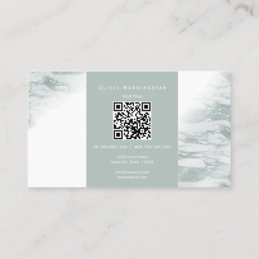 ダスティ淡い色のセージ緑の水色QRと写真 名刺 (裏面)