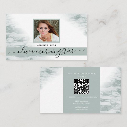 ダスティ淡い色のセージ緑の水色QRと写真 名刺 (正面/裏面)