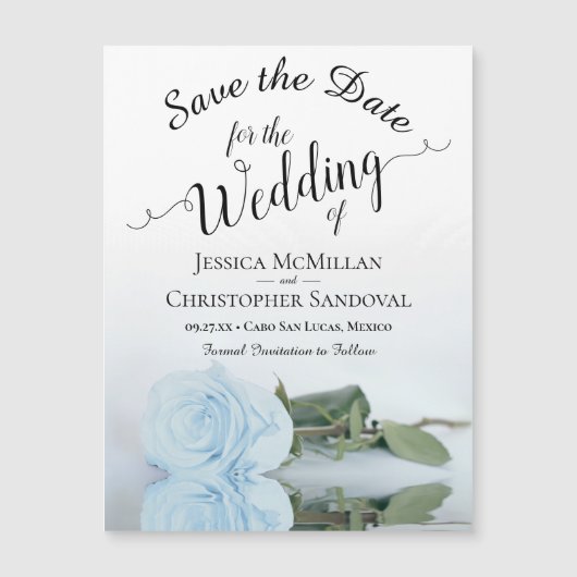 ダスティ淡い色のブルーバラウェディング日付マグネットを保存 (正面)