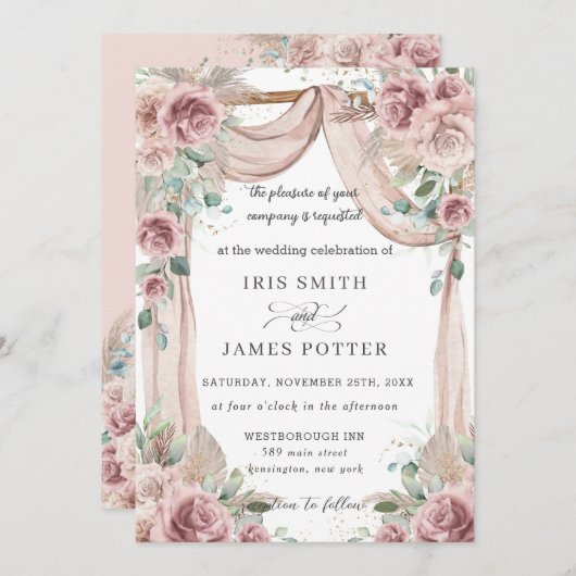 ダスティ素朴バラフローラパンパスグラス結婚ズアーチ 招待状 (正面/裏面)