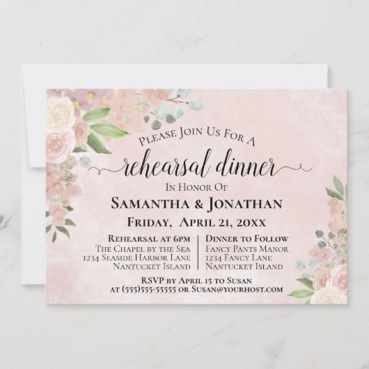 ダスティ素朴バラフローラ結婚のリハーサルディナー 招待状 (正面)