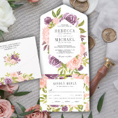 ダスティ素朴パープルと赤面ピンクフローラ結婚ズ オールインワン招待状